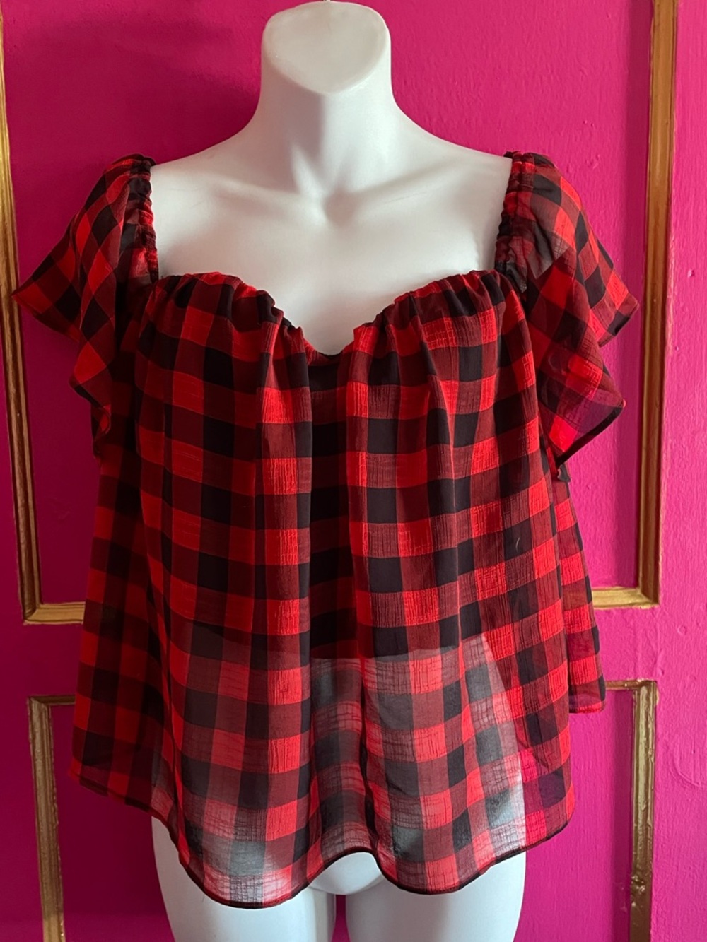 Line and Dot Red and Black Plaid chiffon Women's bustier size xs